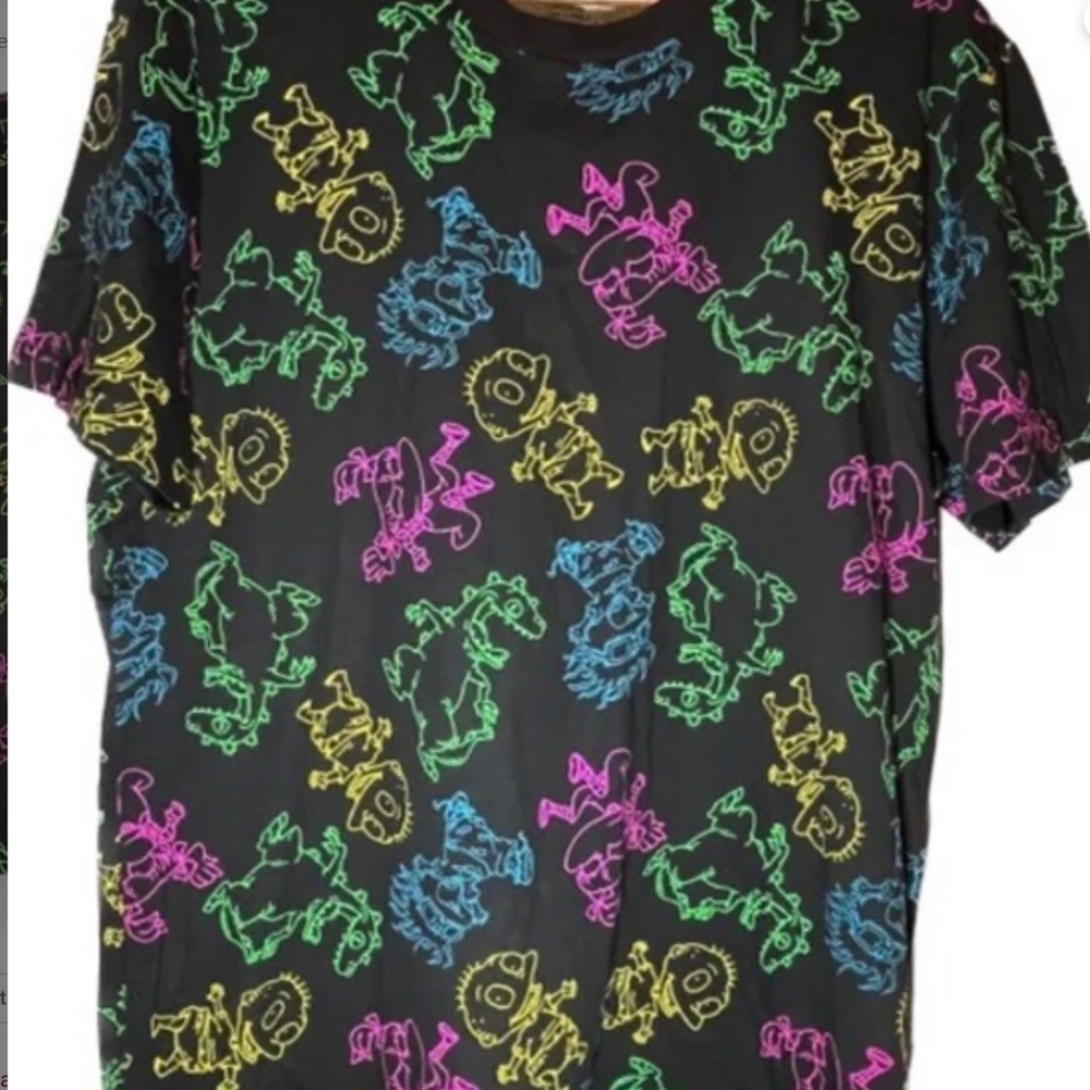 Rugrats Shirt Mens Large Black Neon‎ All Over Print Nickelodeon Cartoon Tee - Picture 2 of 11